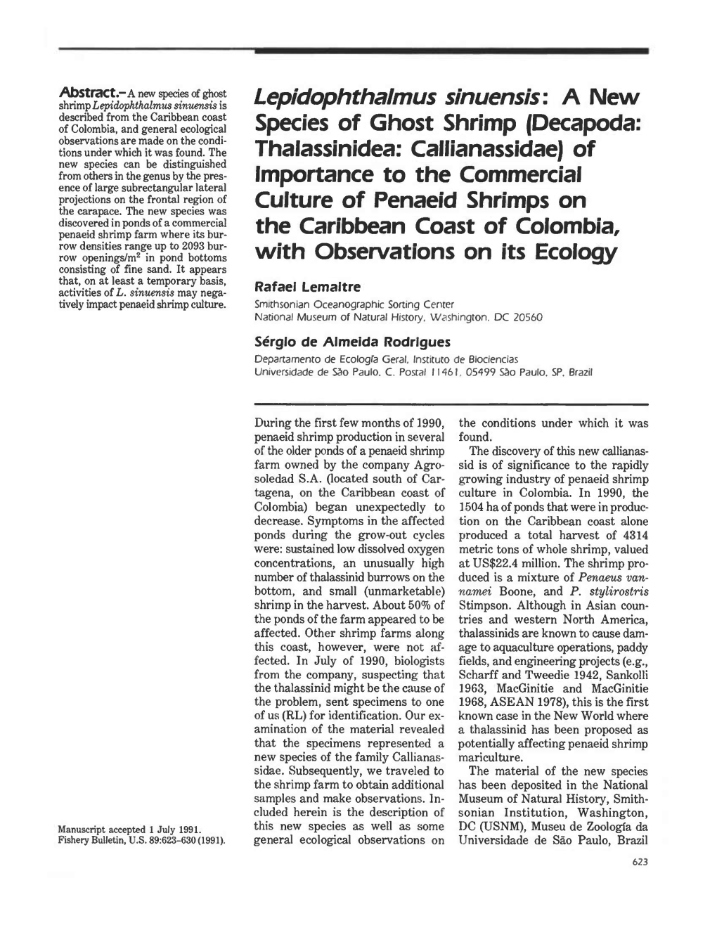 Lepidophthalmus Sinuensis: a New Species of Ghost Shrimp