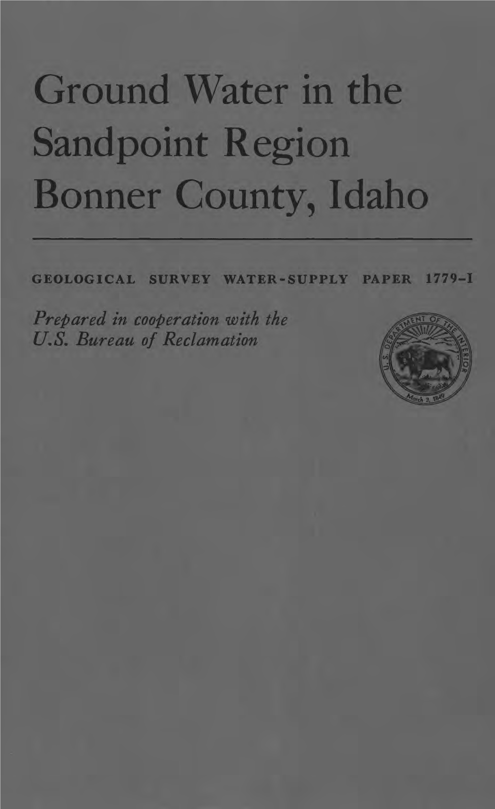 Ground Water in the Sandpoint Region Bonner County, Idaho