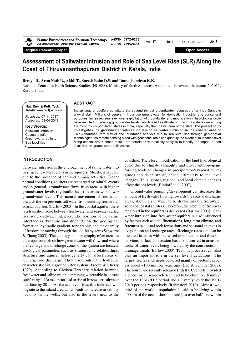 Assessment of Saltwater Intrusion and Role of Sea Level Rise (SLR) Along the Coast of Thiruvananthapuram District in Kerala, India
