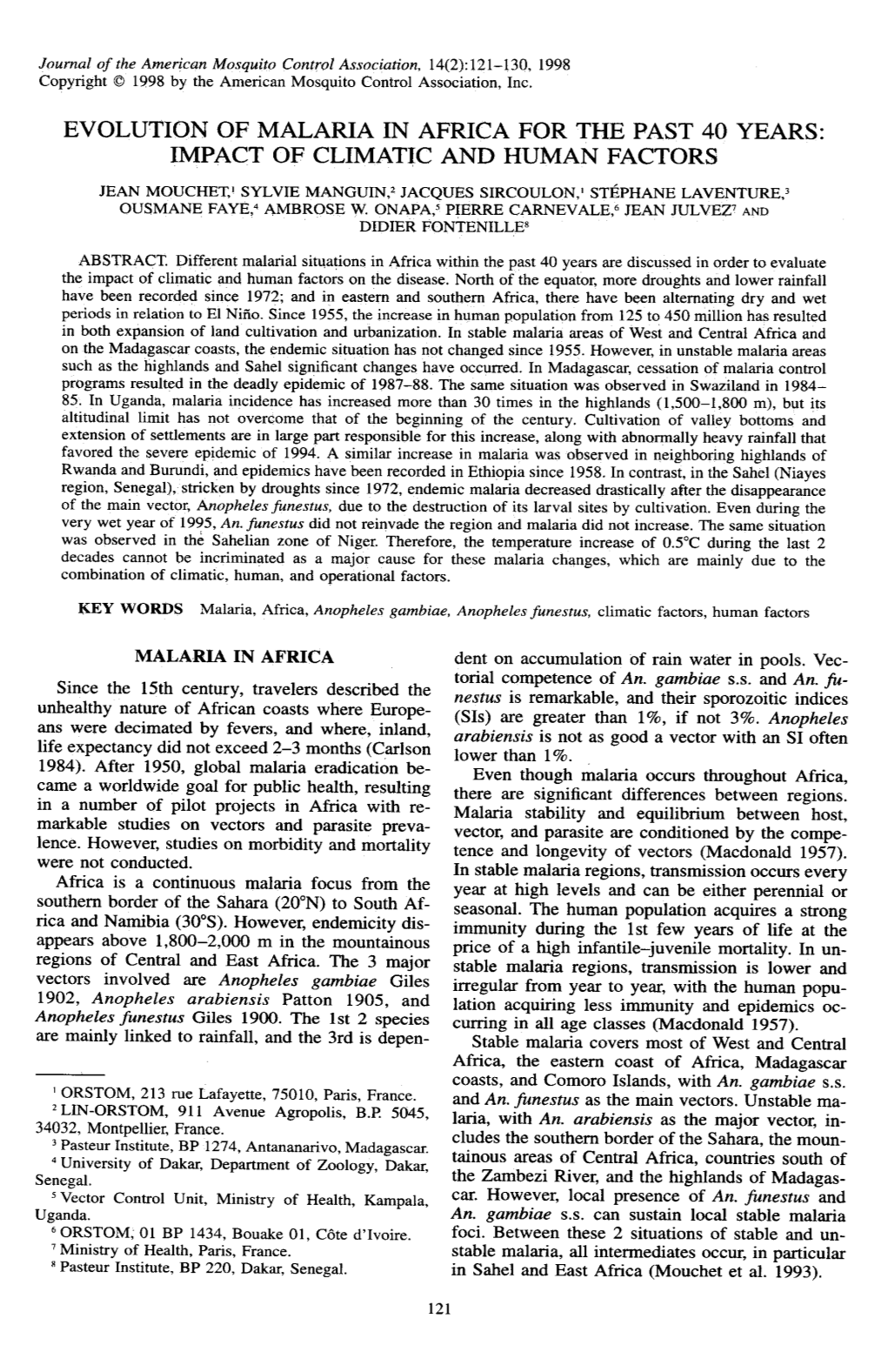 Evolution of Malaria in Africa for the Past 40 Years: Impact of Climatic and Human Factors