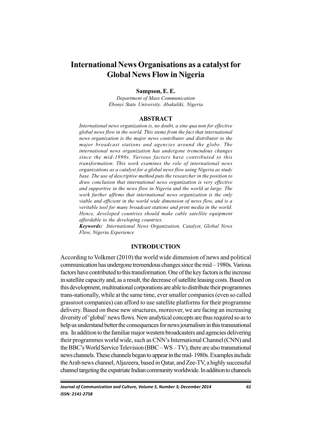 International News Organisations As a Catalyst for Global News Flow in Nigeria