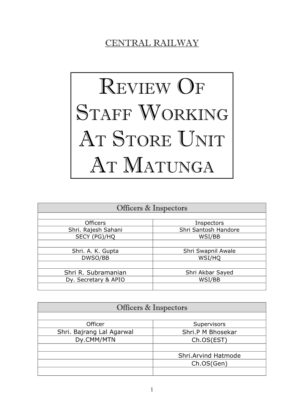 Review of Staff Working at Store Unit at Matunga