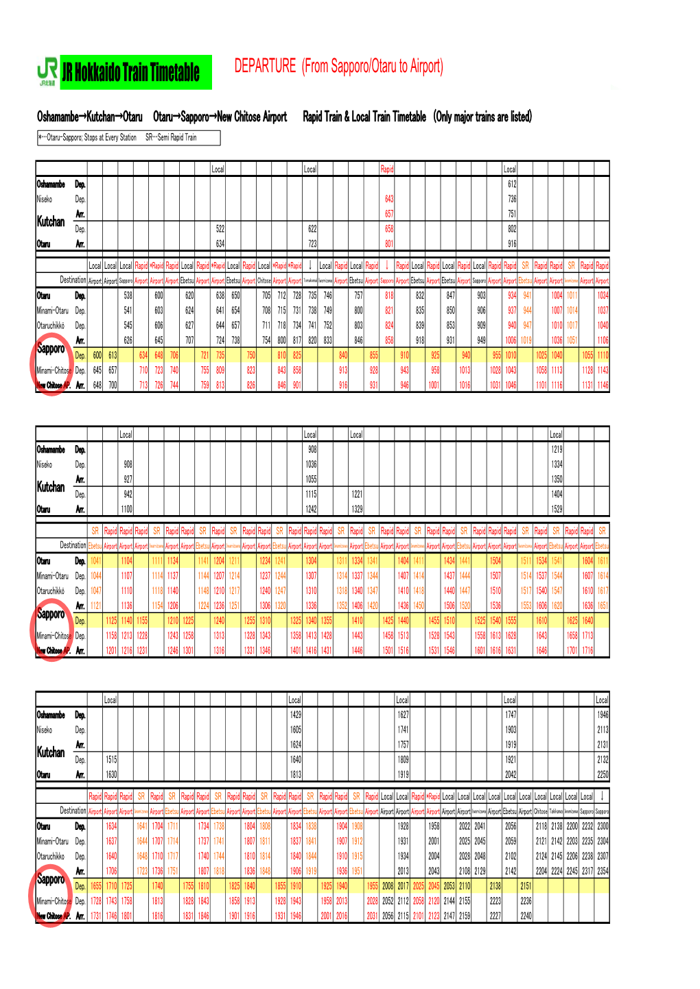 JR Hokkaido Train Timetable (2010.2.22～2010.6.30)