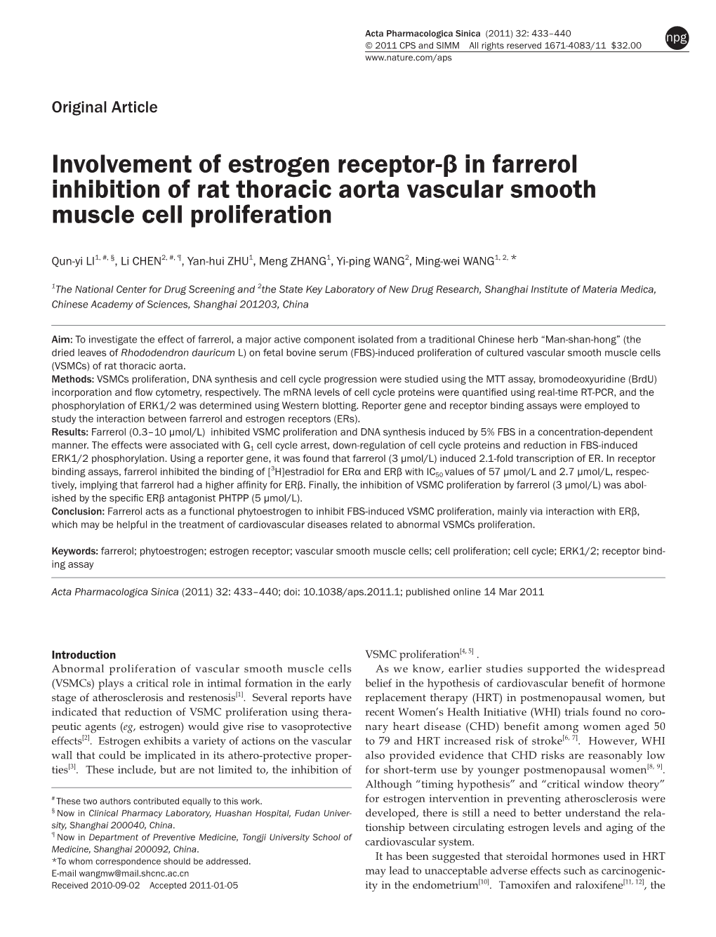 Involvement of Estrogen Receptor-Β in Farrerol Inhibition of Rat Thoracic Aorta Vascular Smooth Muscle Cell Proliferation