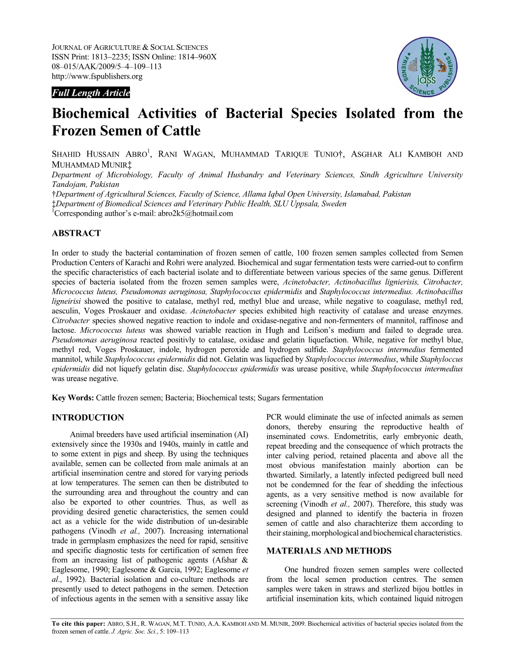 Biochemical Activities of Bacterial Species Isolated from the Frozen Semen of Cattle