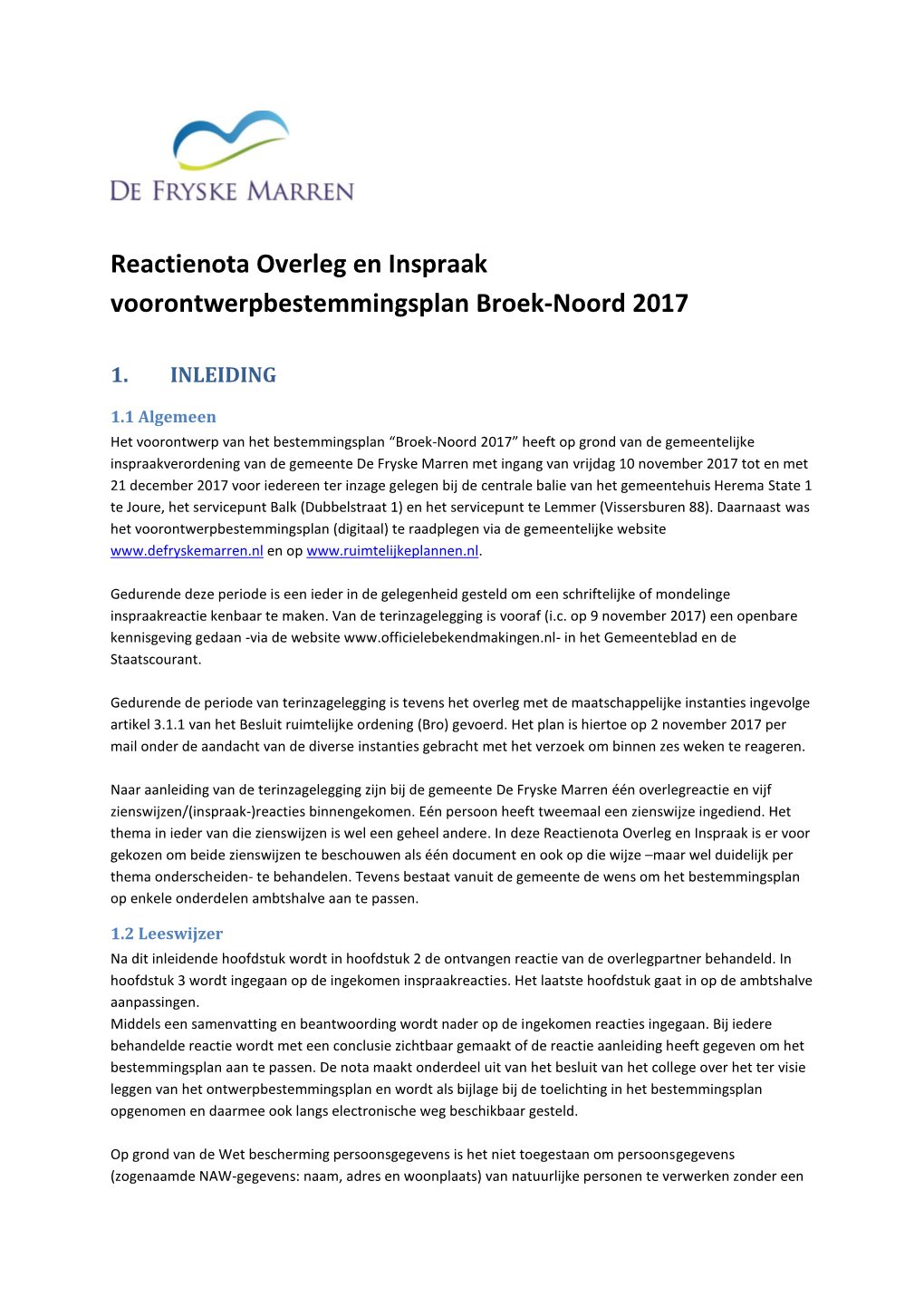 Reactienota Overleg En Inspraak Voorontwerpbestemmingsplan Broek-Noord 2017