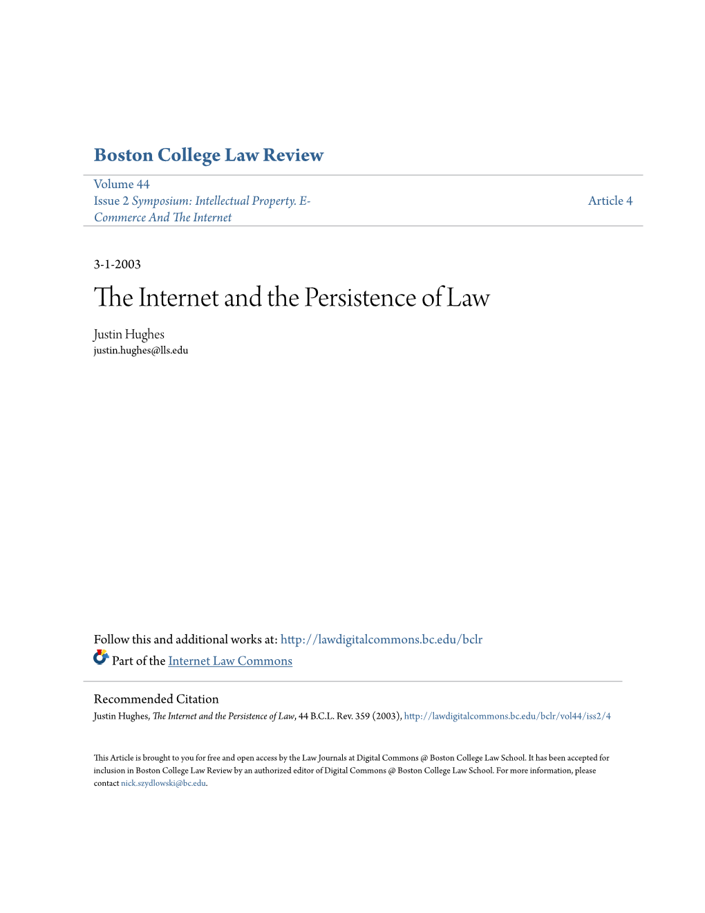 The Internet and the Persistence of Law, 44 B.C.L