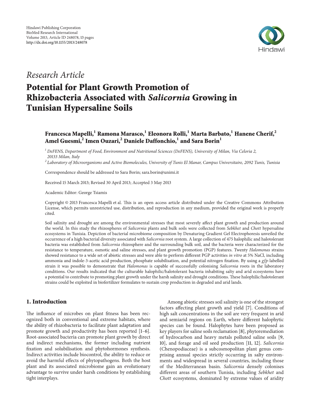 Research Article Potential for Plant Growth Promotion of Rhizobacteria Associated with Salicornia Growing in Tunisian Hypersaline Soils