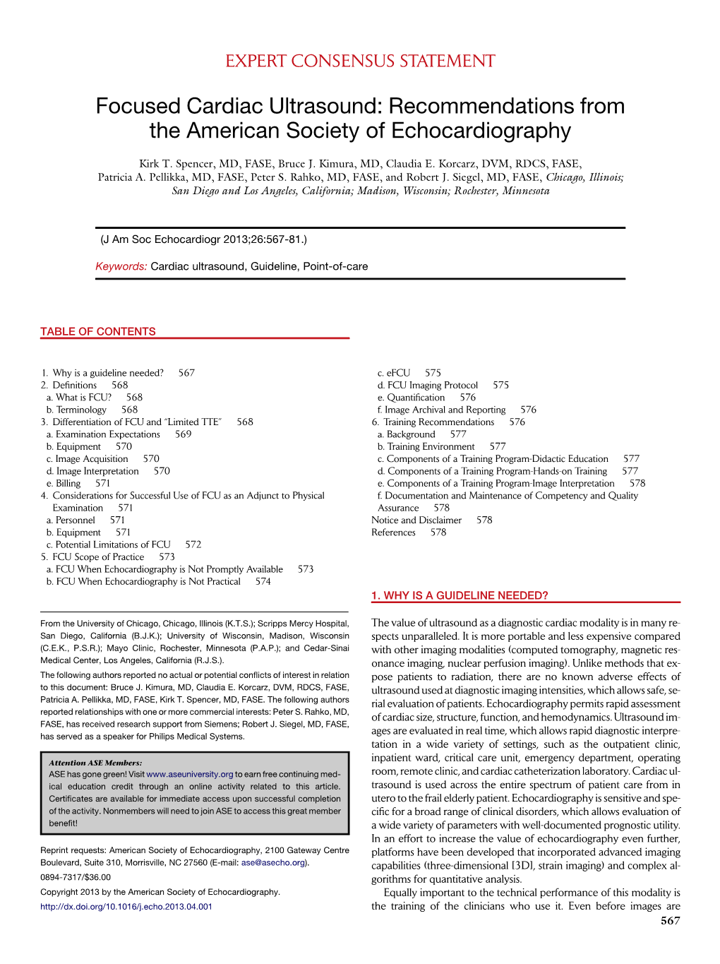 Focused Cardiac Ultrasound: Recommendations from the American Society of Echocardiography