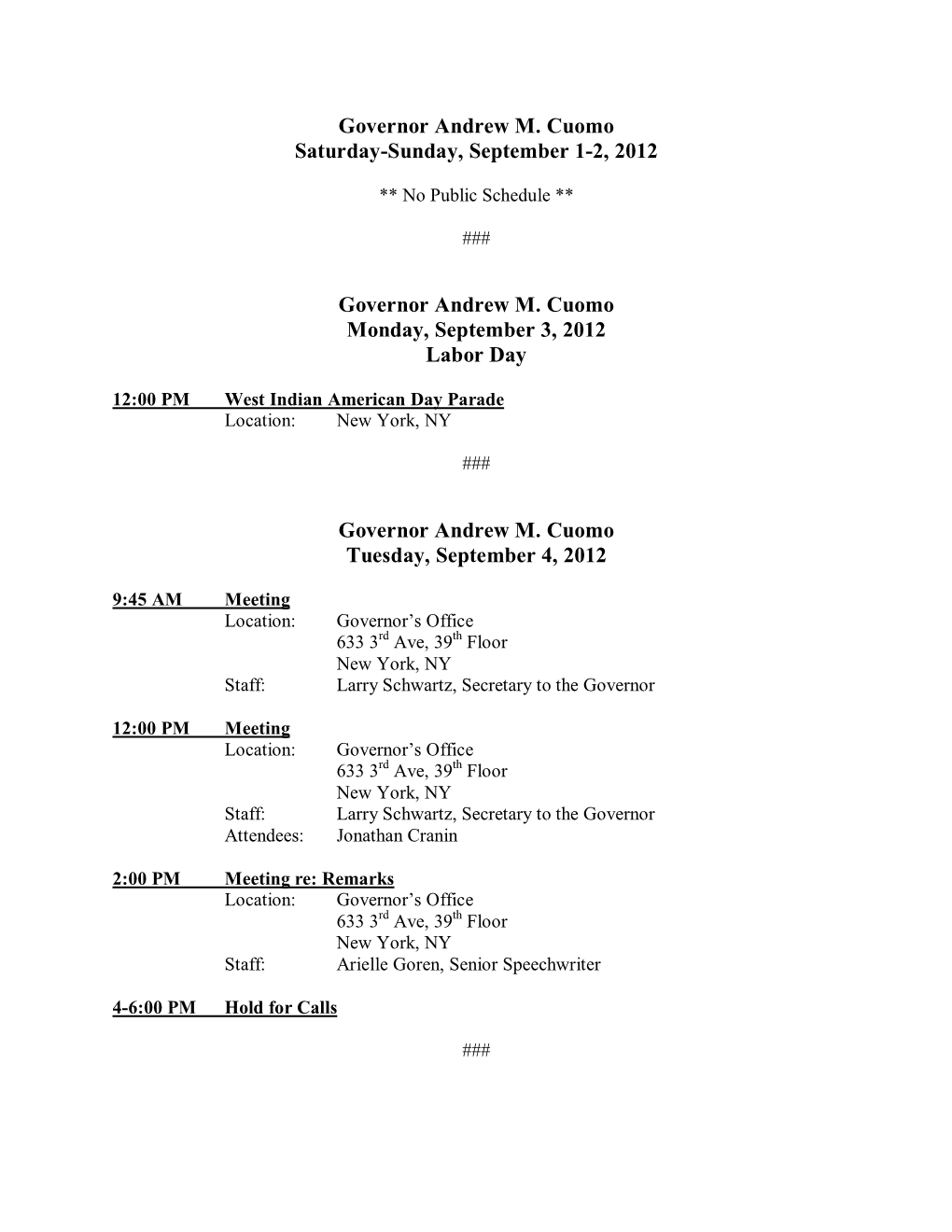 Governor Andrew M. Cuomo Saturday-Sunday, September 1-2, 2012