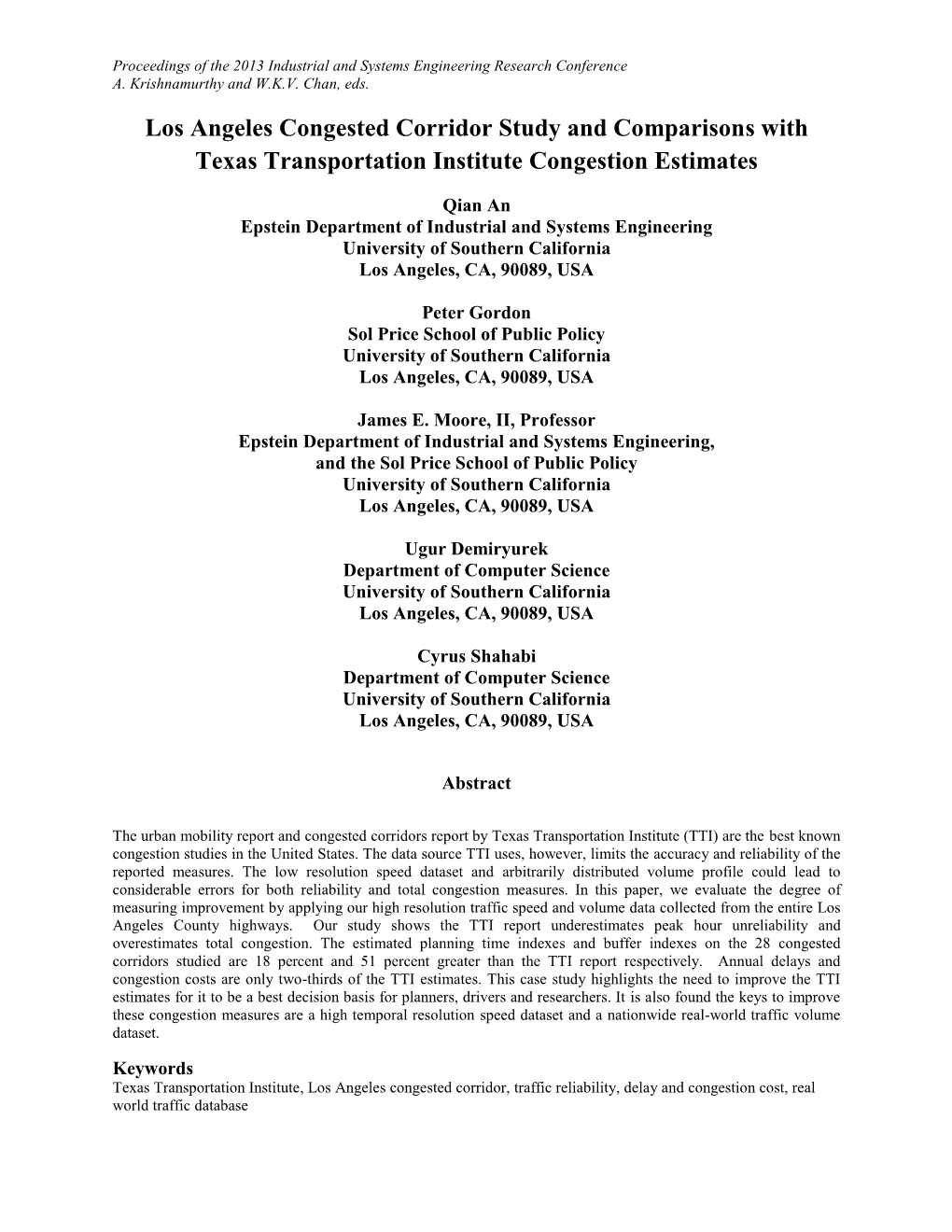 Los Angeles Congested Corridor Study and Comparisons with Texas Transportation Institute Congestion Estimates