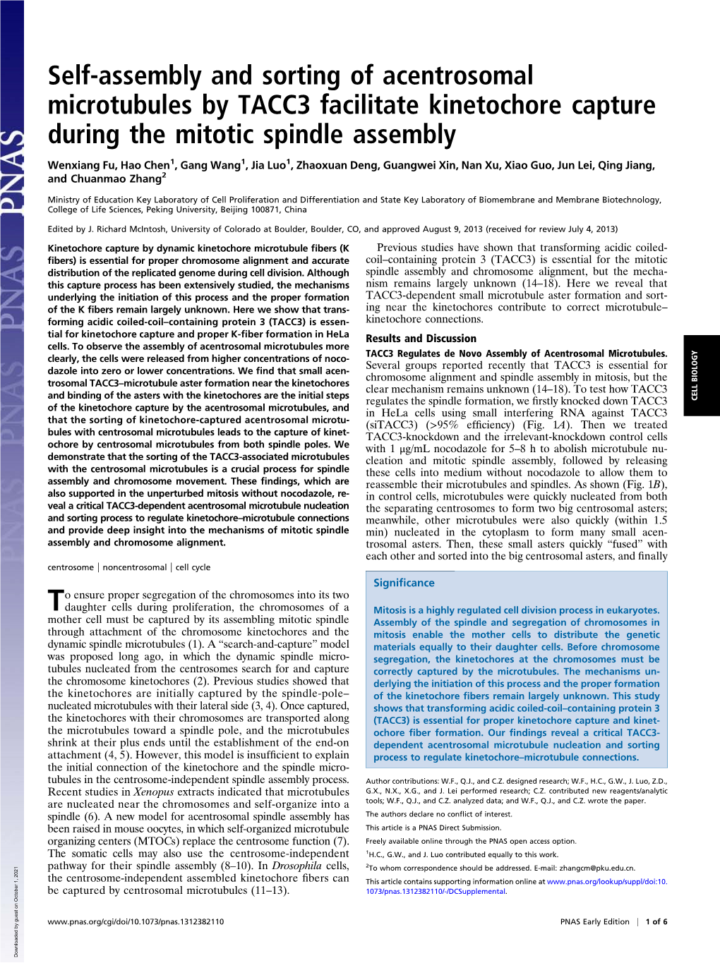 Self-Assembly and Sorting of Acentrosomal Microtubules by TACC3 Facilitate Kinetochore Capture During the Mitotic Spindle Assembly