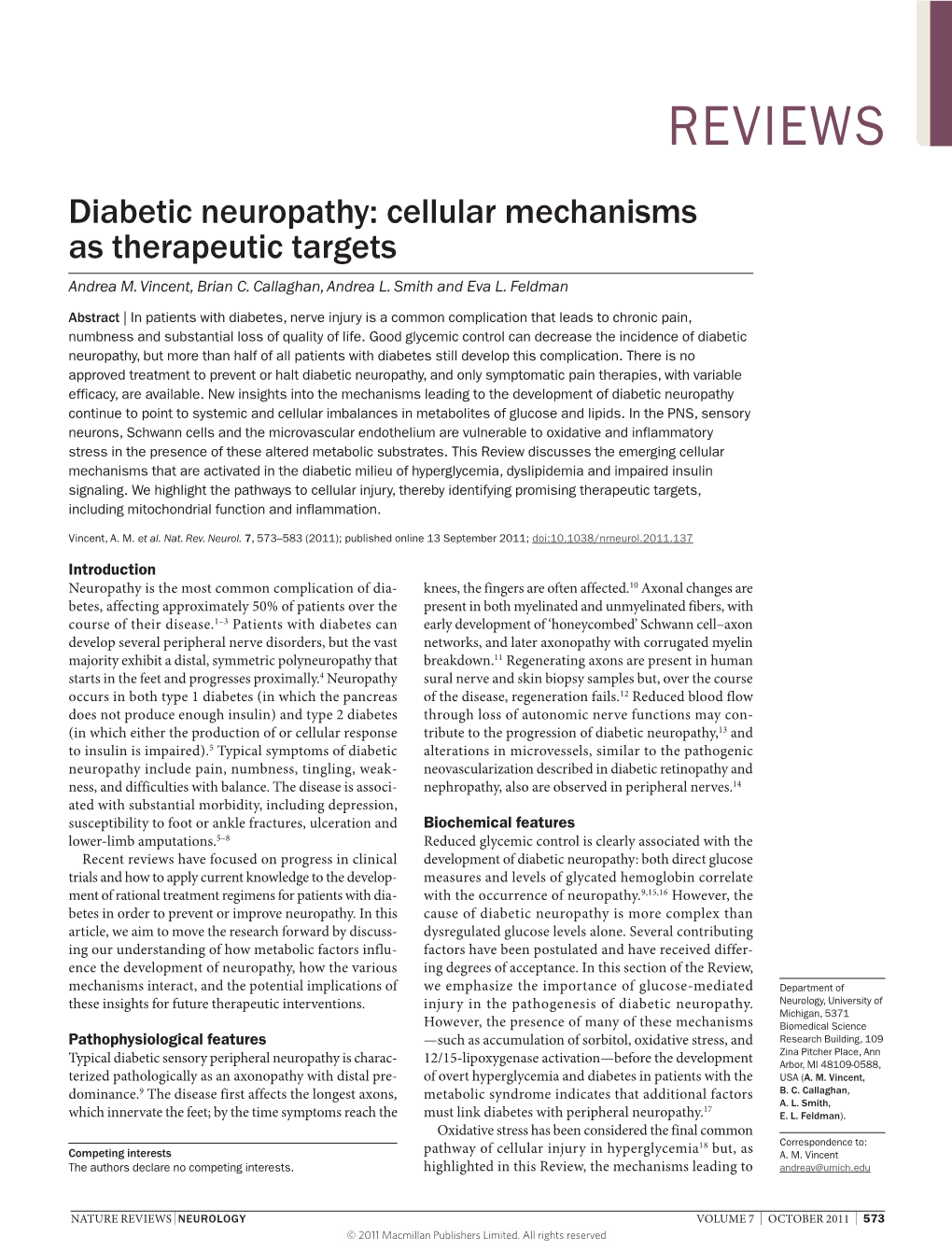 Diabetic Neuropathy: Cellular Mechanisms As Therapeutic Targets Andrea M