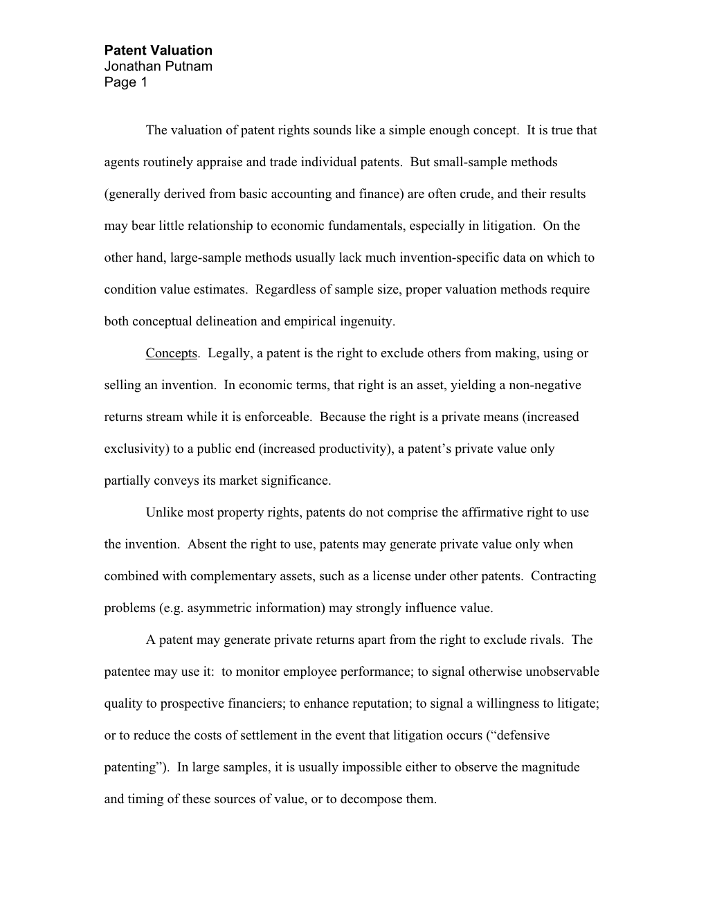 Patent Valuation Jonathan Putnam Page 1