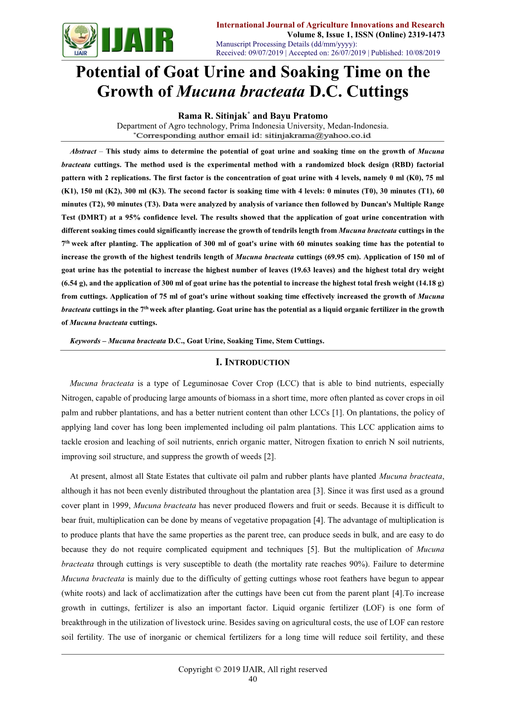 Potential of Goat Urine and Soaking Time on the Growth of Mucuna Bracteata D.C