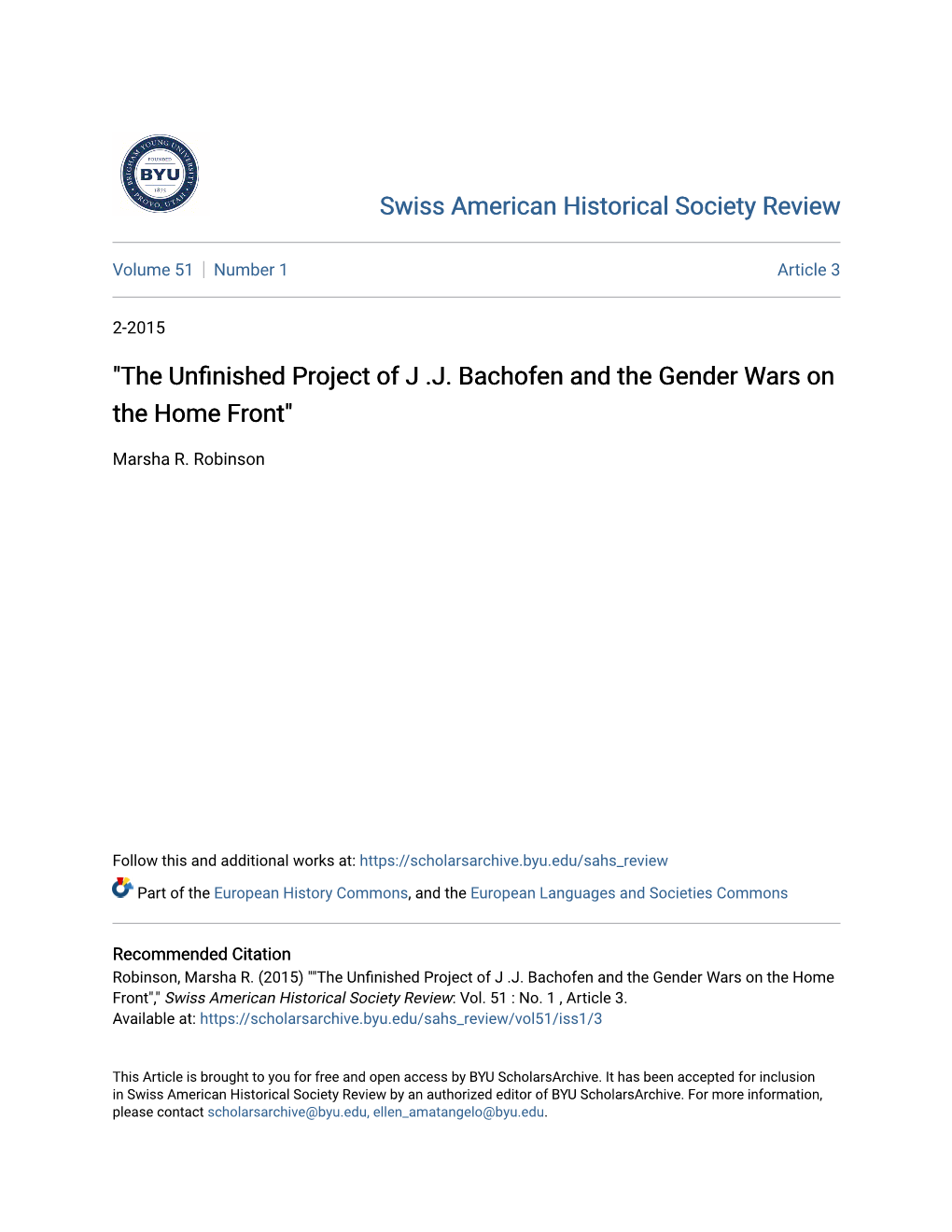 "The Unfinished Project of J .J. Bachofen and the Gender Wars on the Home Front"