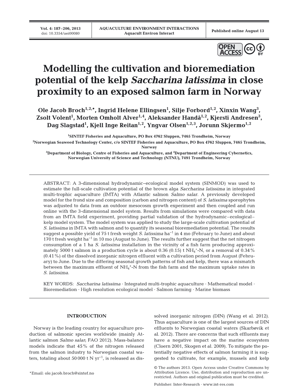 Modelling the Cultivation and Bioremediation Potential of the Kelp Saccharina Latissima in Close Proximity to an Exposed Salmon Farm in Norway