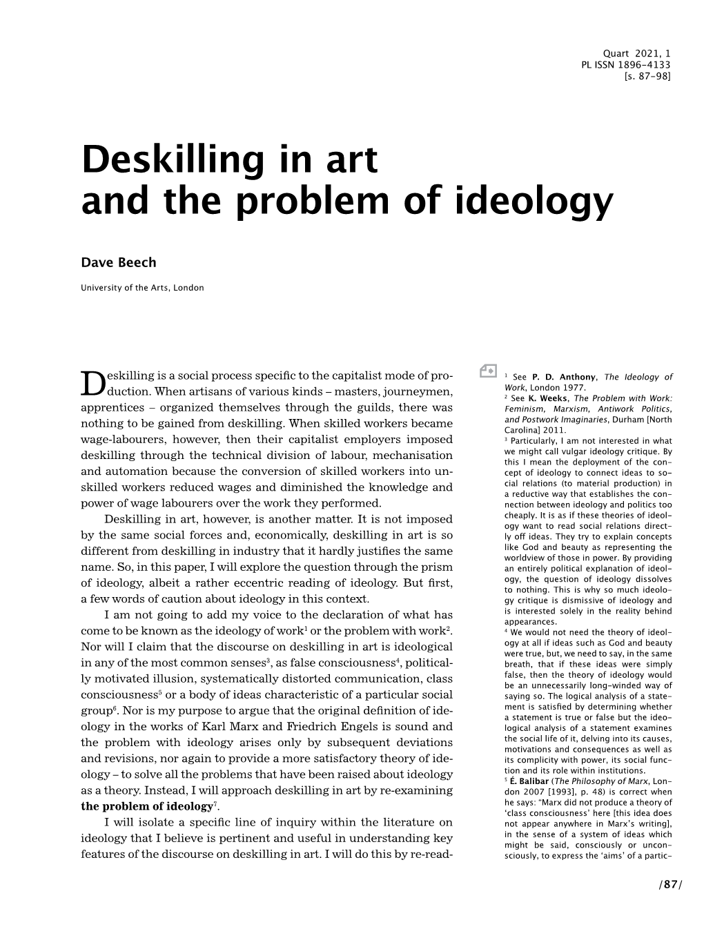 Deskilling in Art and the Problem of Ideology