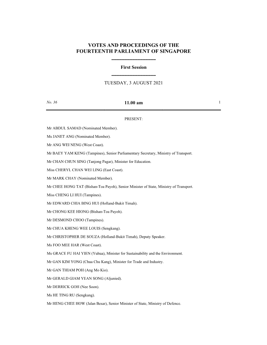 Votes and Proceedings of the Fourteenth Parliament of Singapore ______