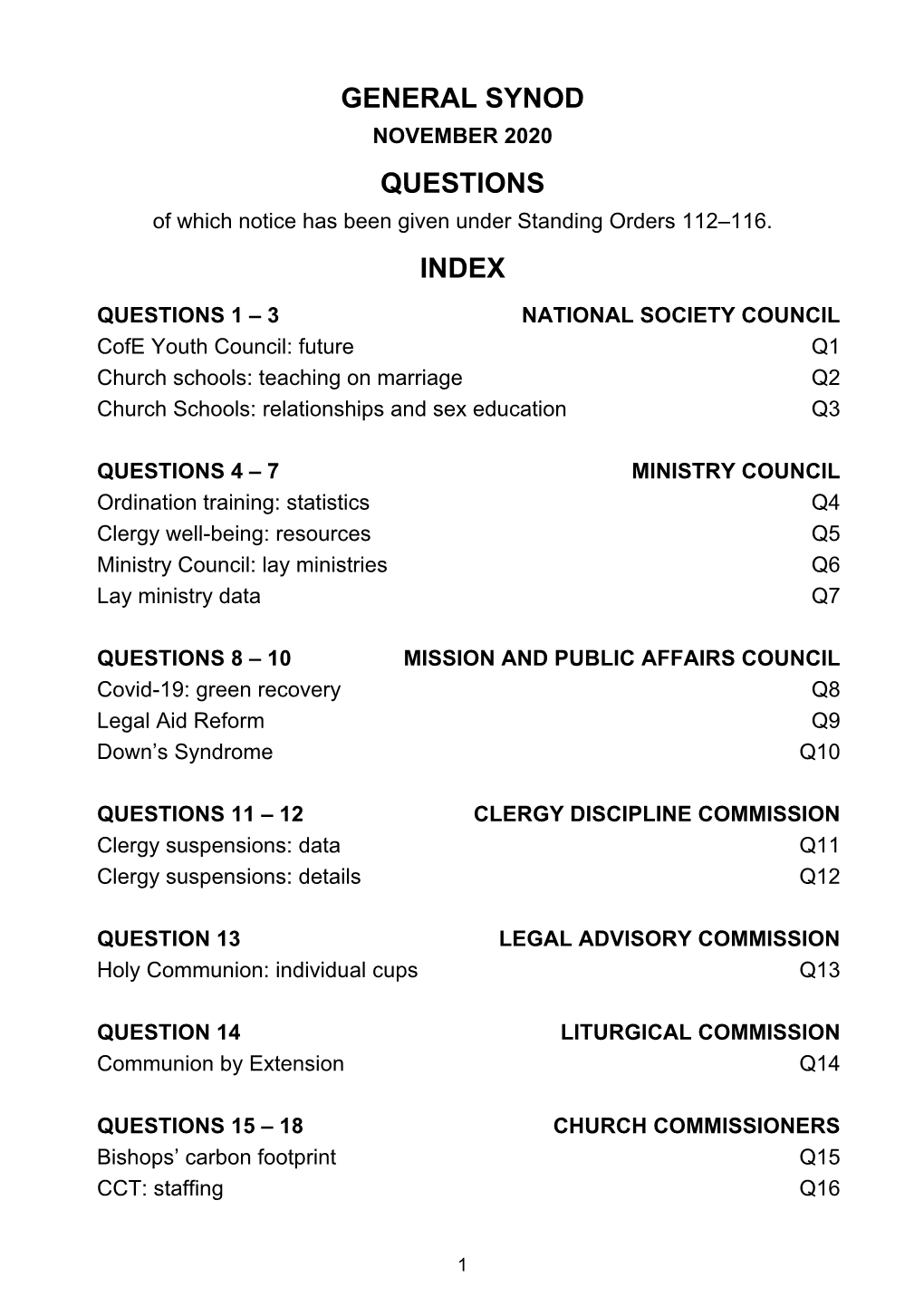 GENERAL SYNOD NOVEMBER 2020 QUESTIONS of Which Notice Has Been Given Under Standing Orders 112–116