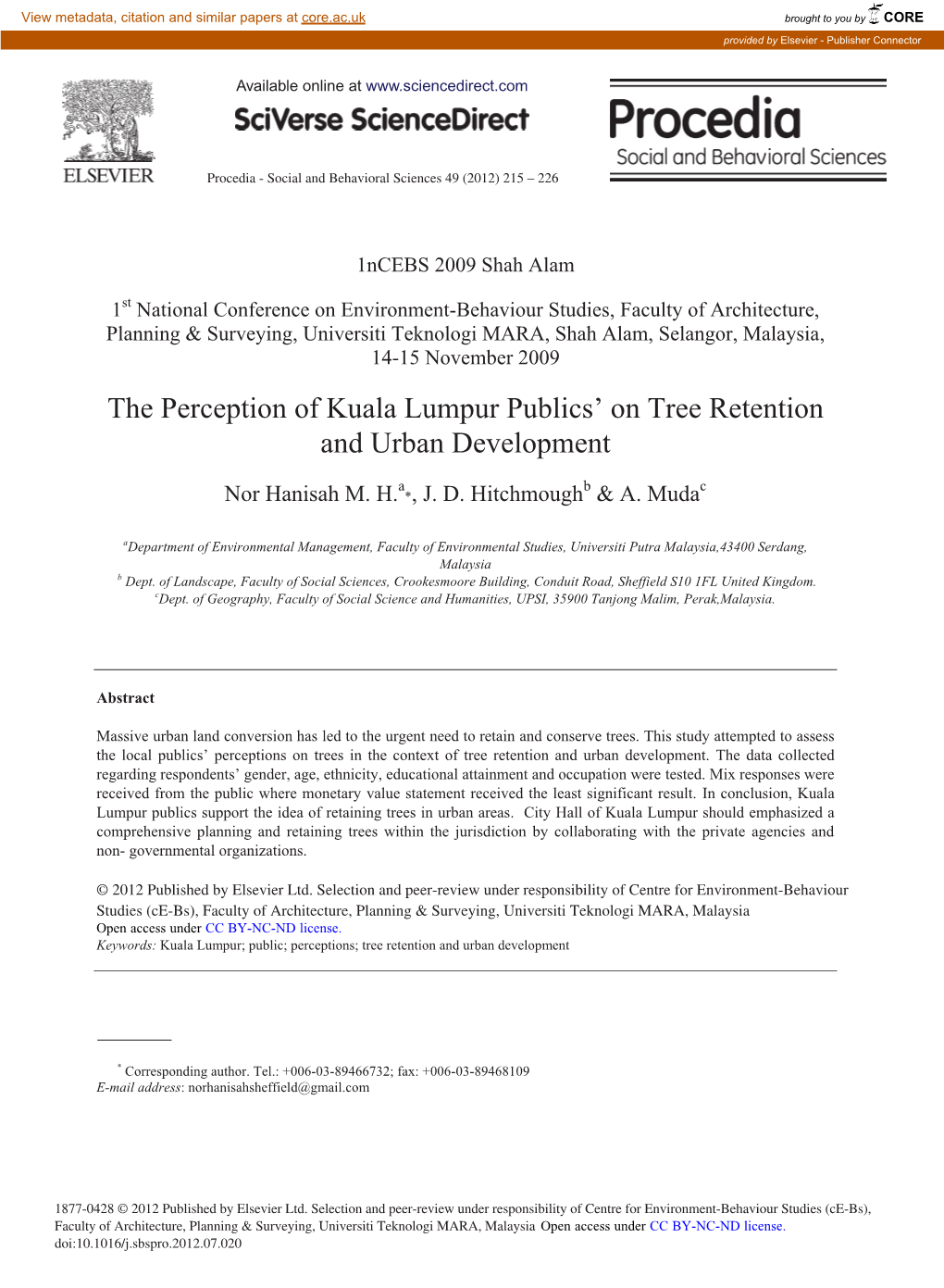 The Perception of Kuala Lumpur Publicsâ€™ on Tree Retention And