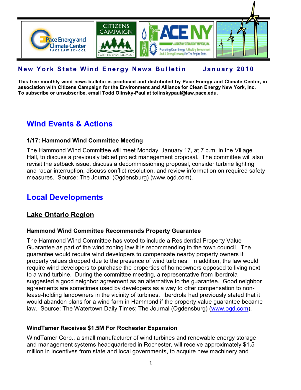 Wind Events & Actions Local Developments