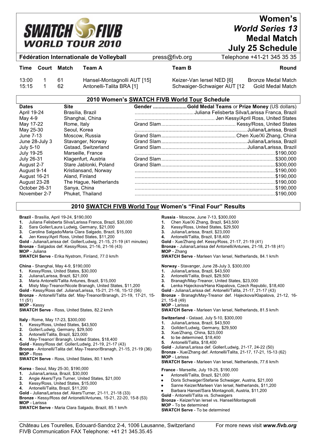 Women's World Series 13 Medal Match July 25 Schedule