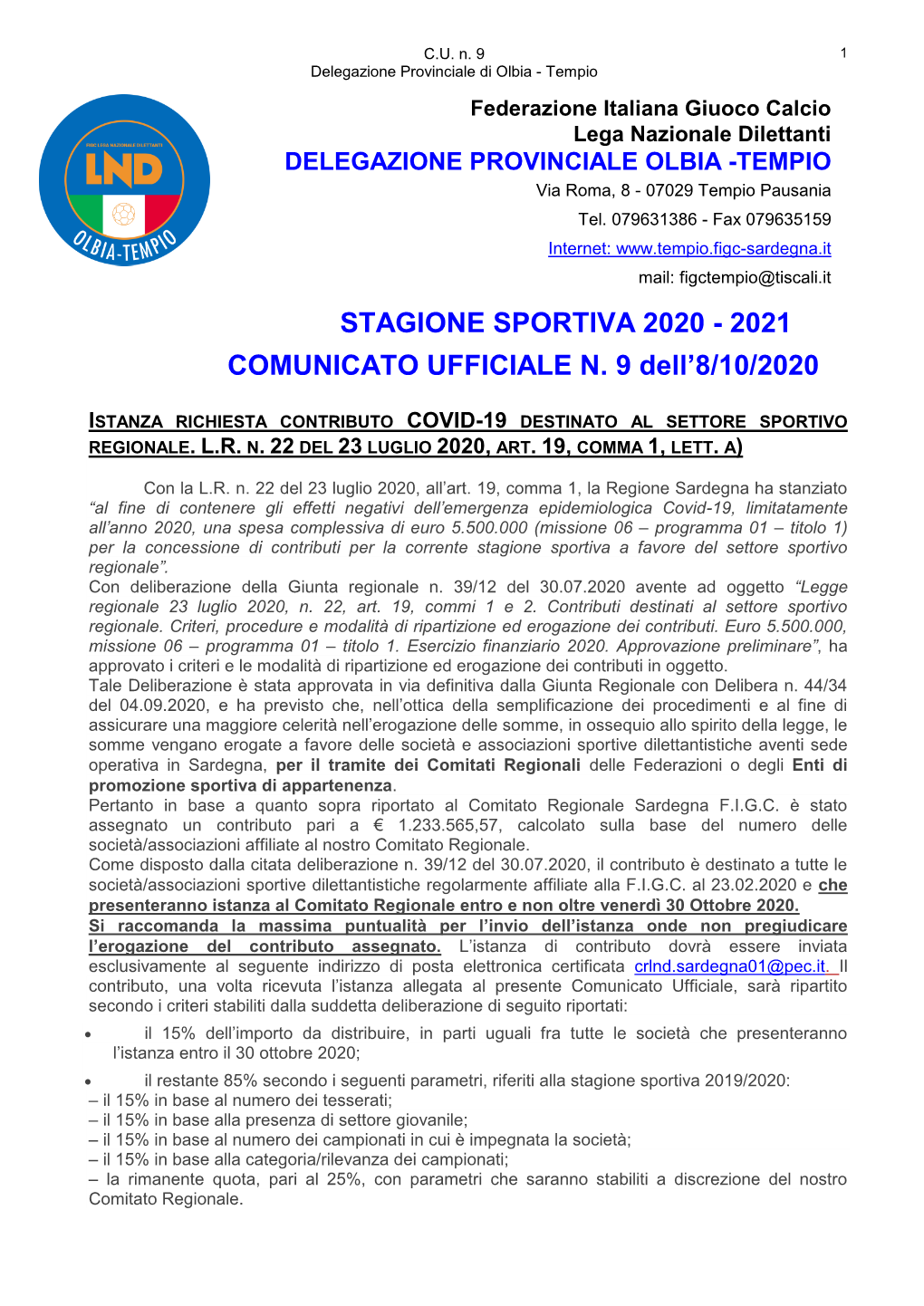 Stagione Sportiva 2020 - 2021 Comunicato Ufficiale N