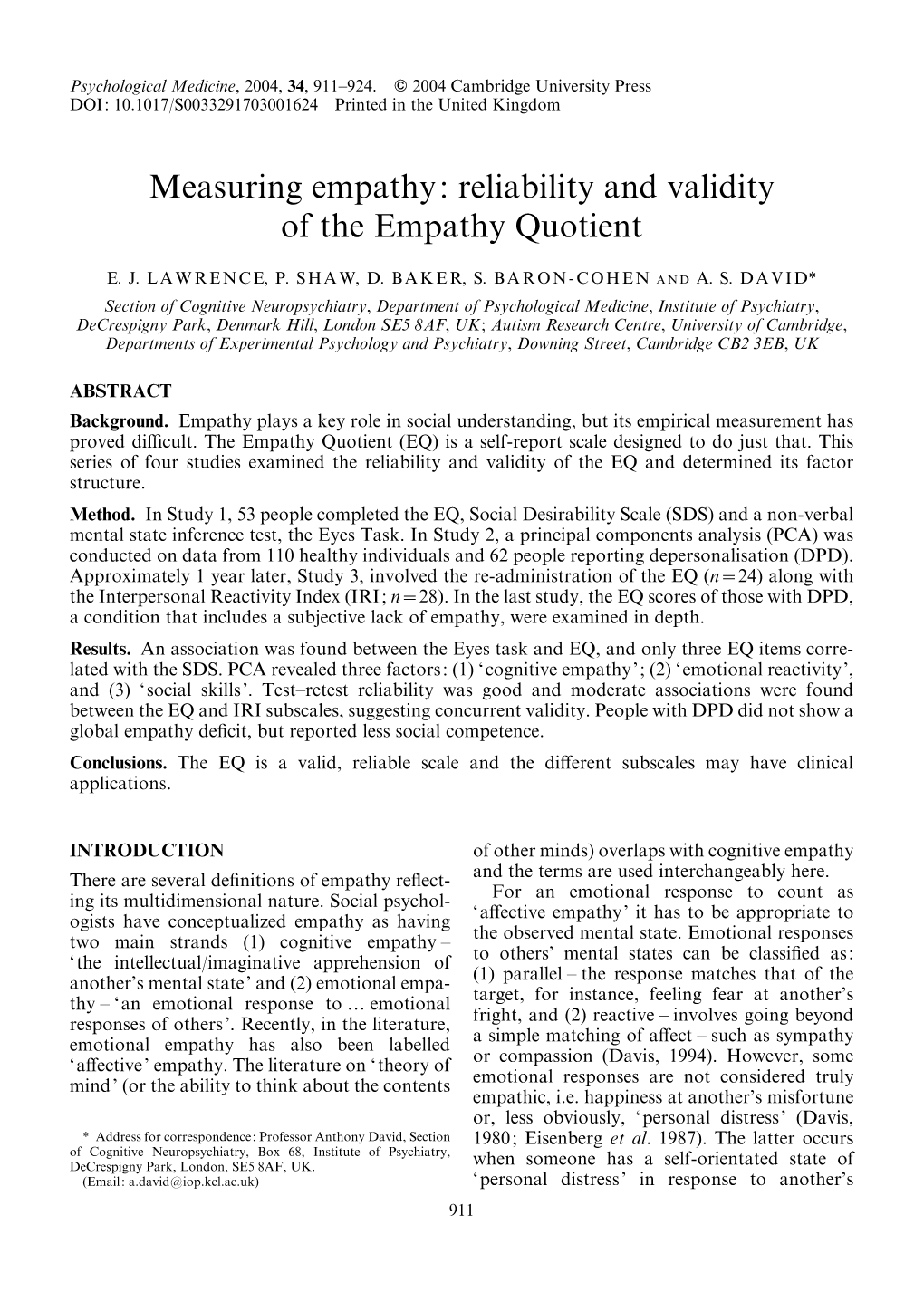 Measuring Empathy: Reliability and Validity of the Empathy Quotient