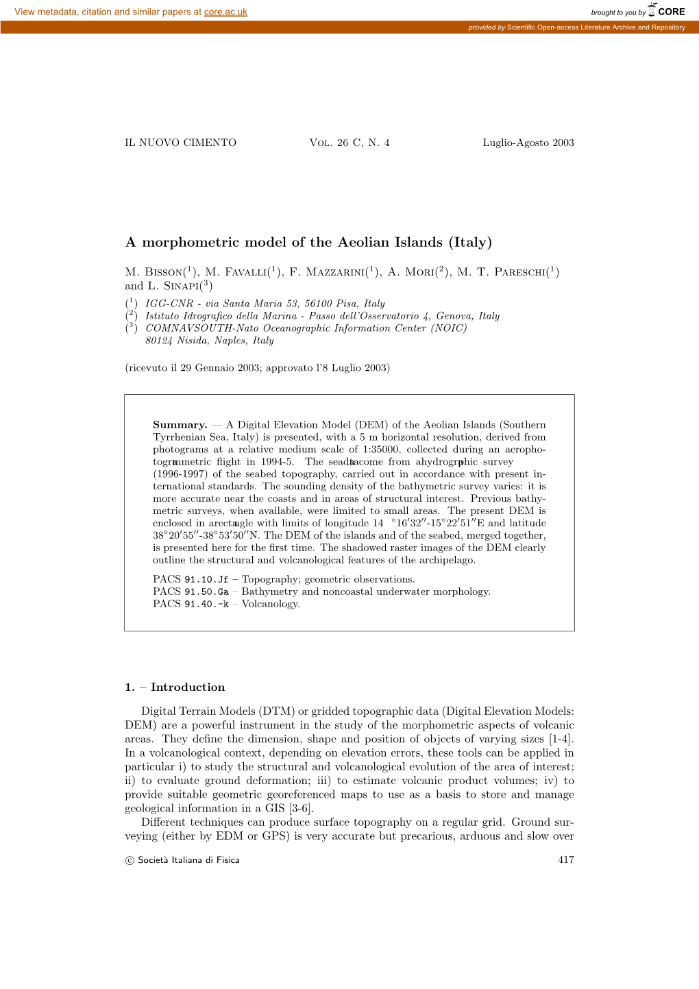 A Morphometric Model of the Aeolian Islands (Italy)