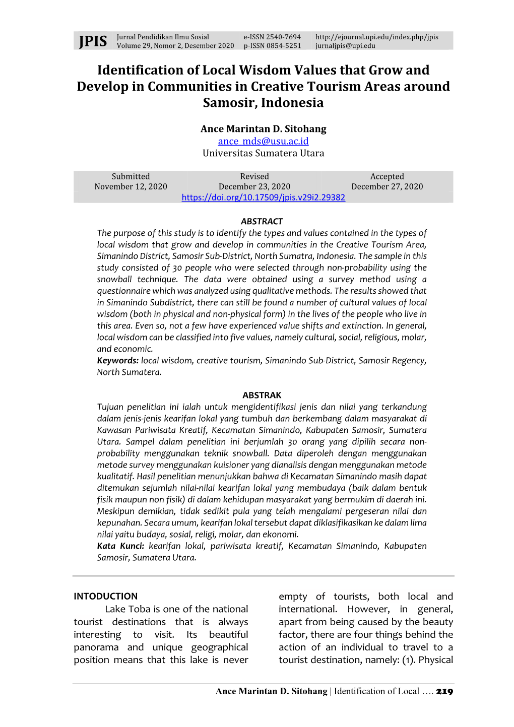 Identification of Local Wisdom Values That Grow and Develop in Communities in Creative Tourism Areas Around Samosir, Indonesia