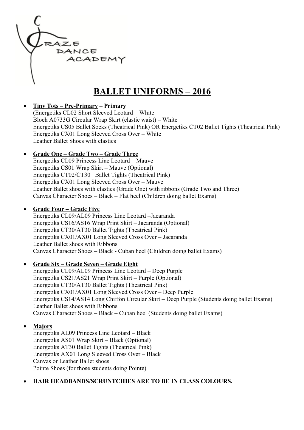 Ballet Uniforms – 2016