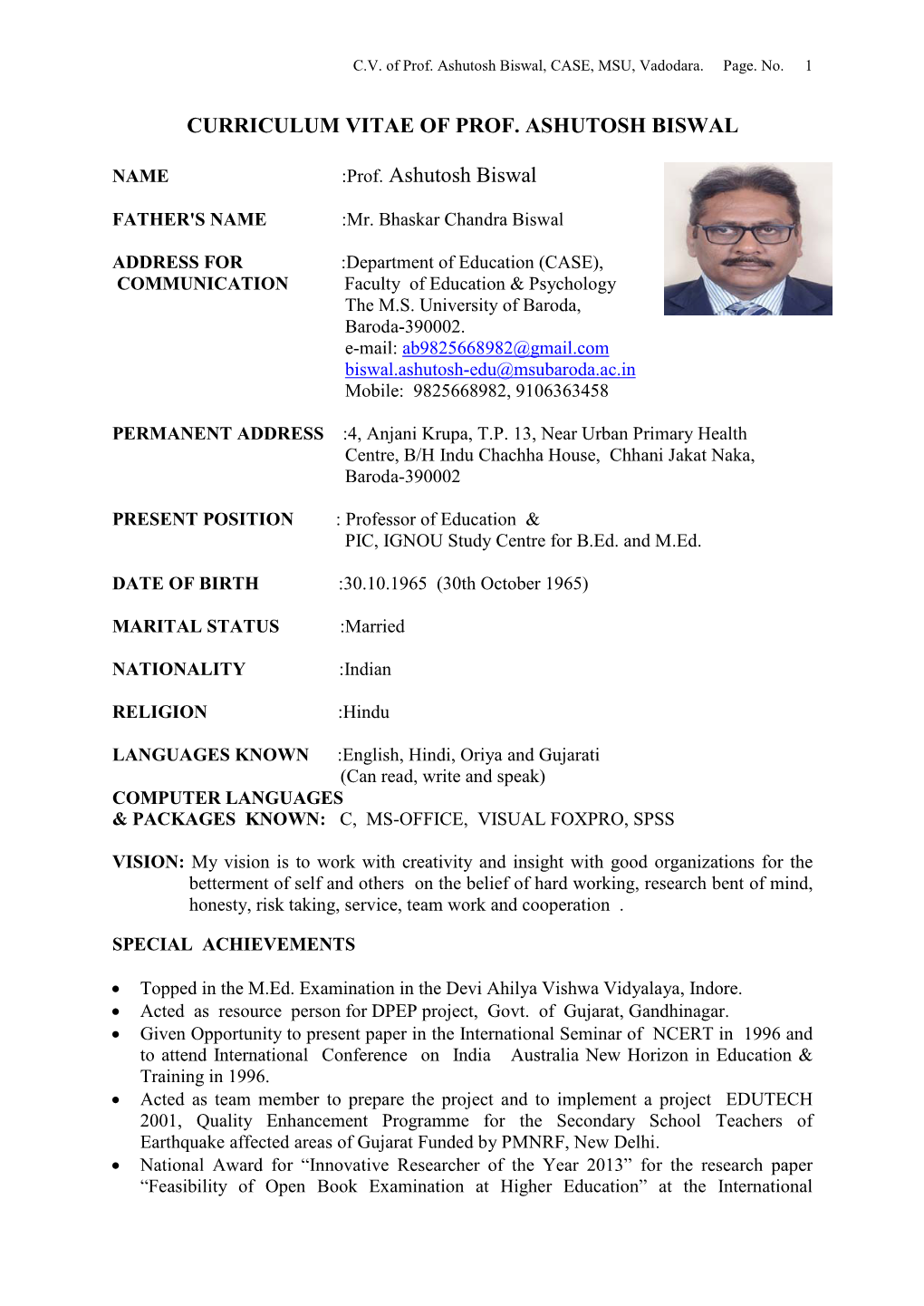 Curriculum Vitae of Prof