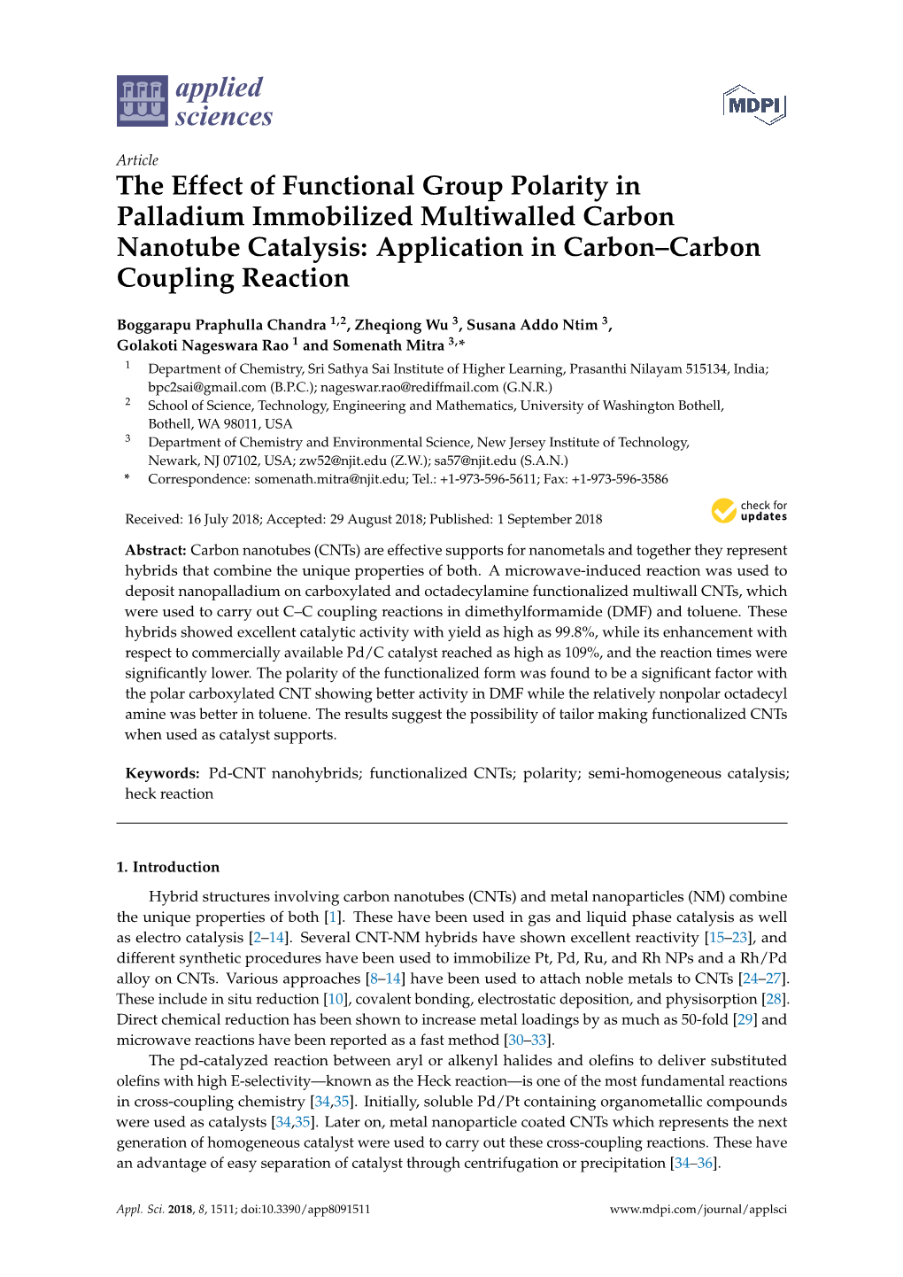 The Effect of Functional Group Polarity in Palladium Immobilized Multiwalled Carbon Nanotube Catalysis: Application in Carbon–Carbon Coupling Reaction