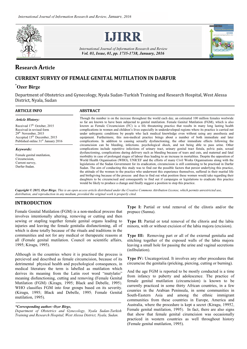 Current Survey of Female Genital Mutilation in Darfur