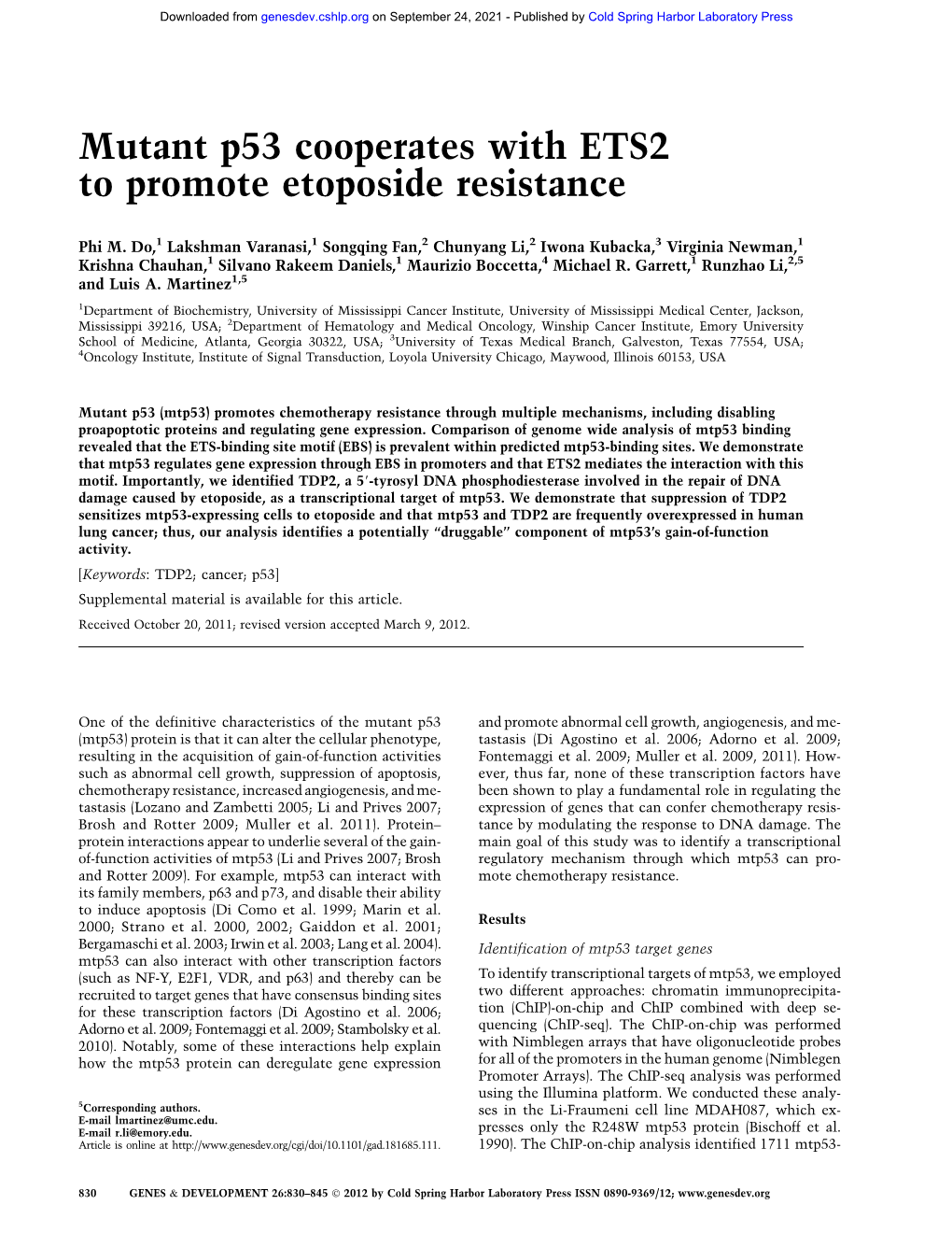 Mutant P53 Cooperates with ETS2 to Promote Etoposide Resistance