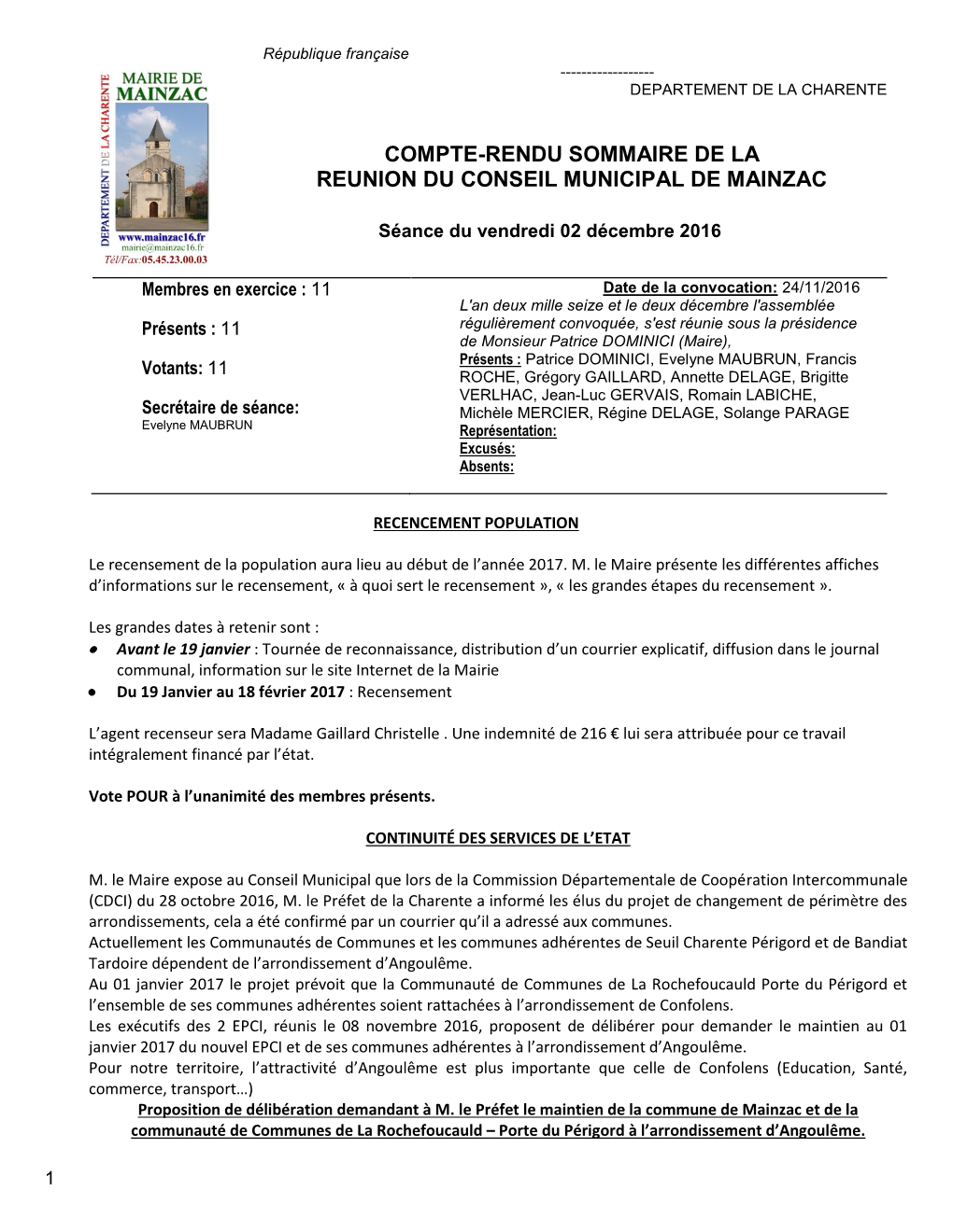 Compte-Rendu Sommaire De La Reunion Du Conseil Municipal De Mainzac