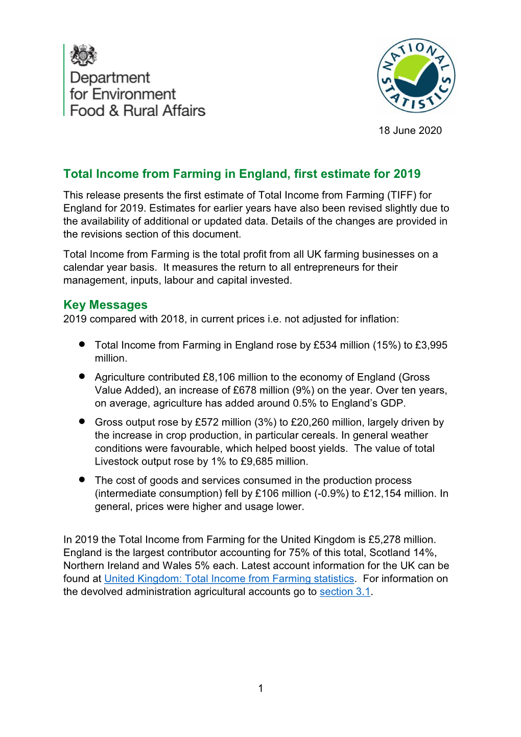 Total Income from Farming in England First Estimate for 2019