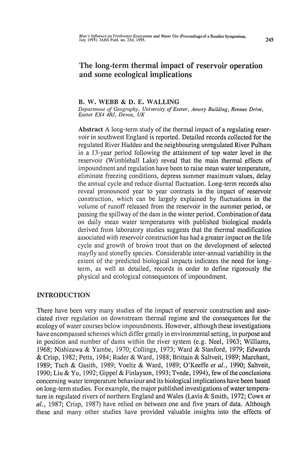 The Long-Term Thermal Impact of Reservoir Operation and Some Ecological Implications