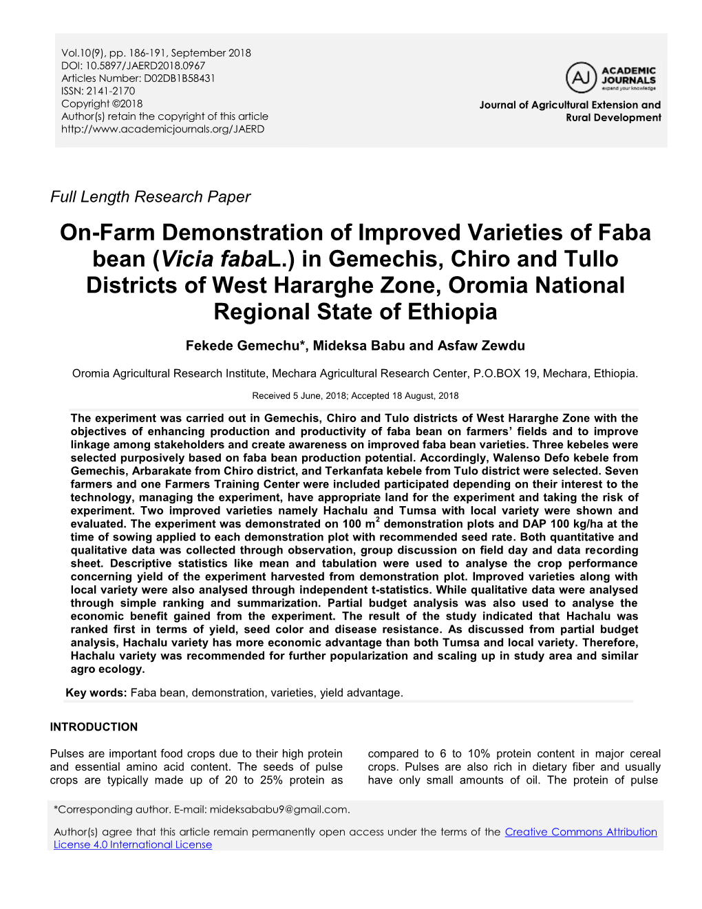 On-Farm Demonstration of Improved Varieties of Faba Bean (Vicia Fabal.)