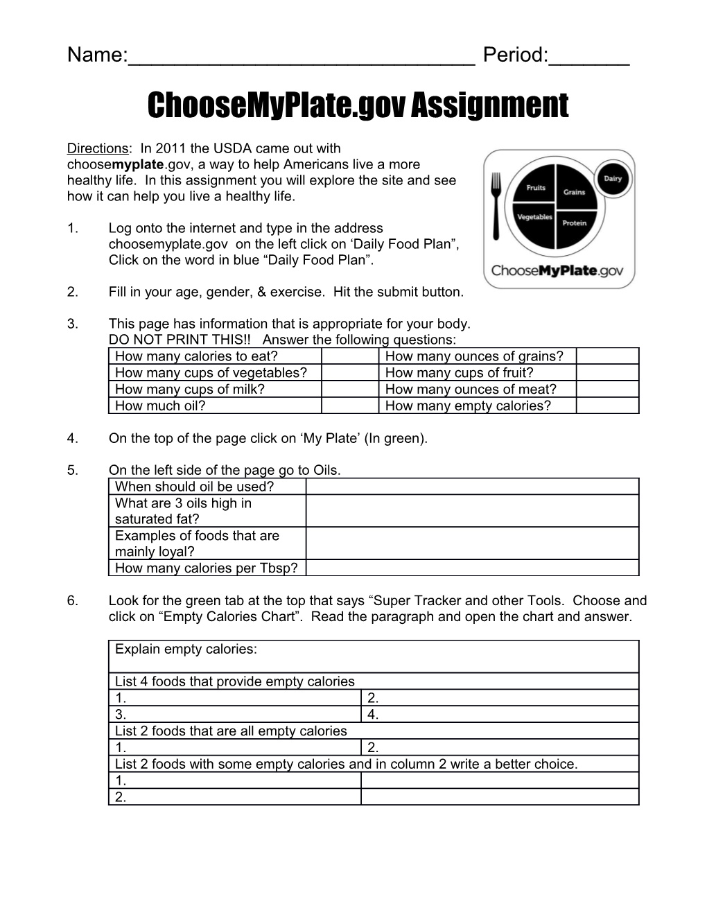 Choosemyplate.Gov Assignment