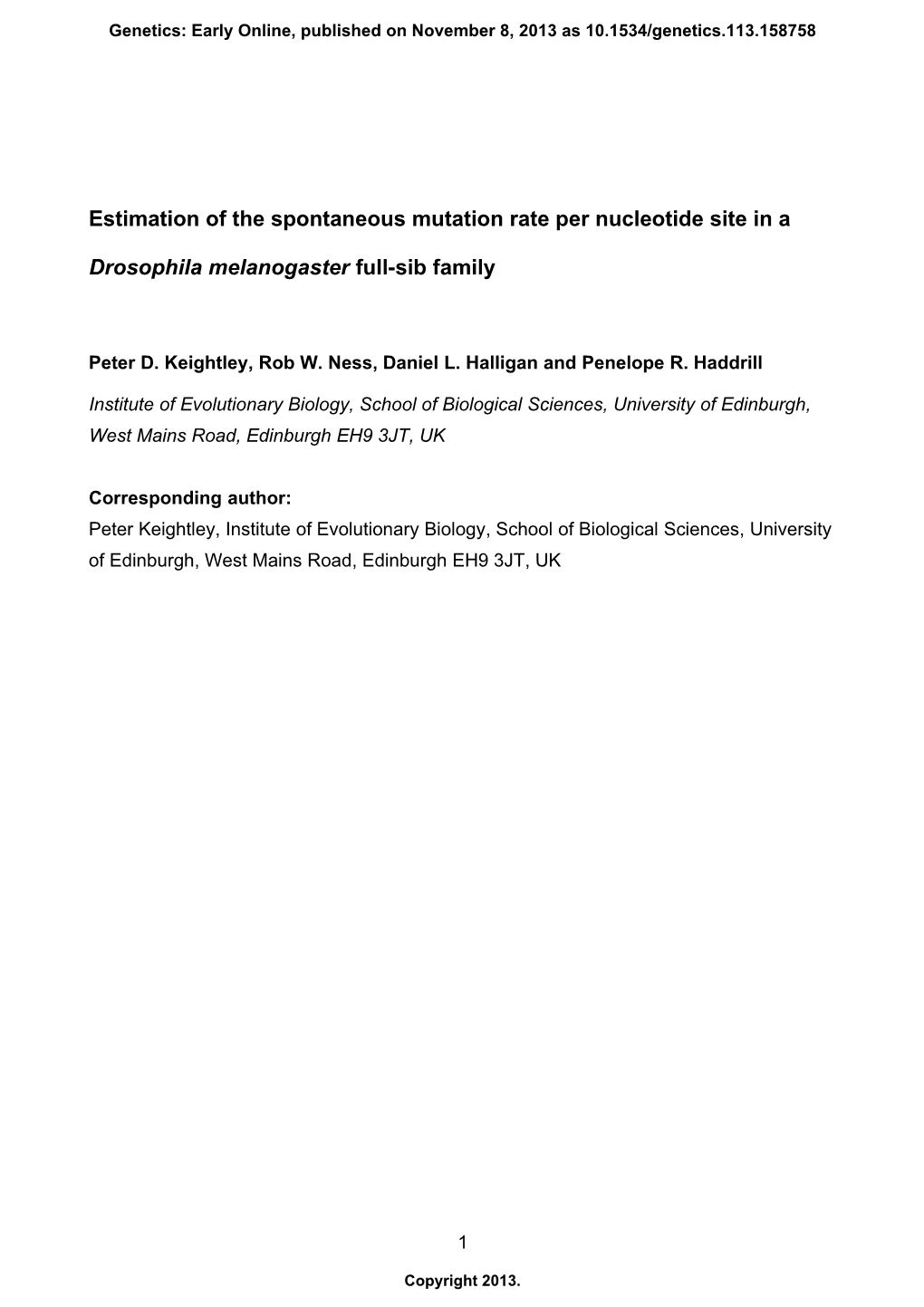 Estimation of the Spontaneous Mutation Rate Per Nucleotide Site in a Drosophila Melanogaster Full-Sib Family