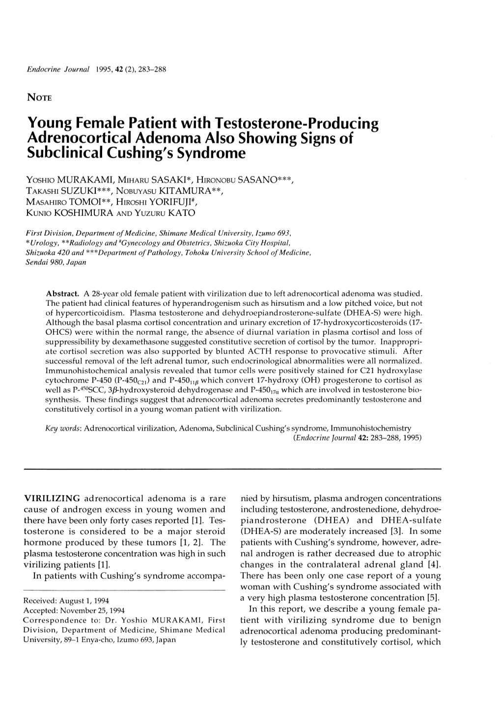 Young Female Patient with Testosterone-Producing Adrenocortical Adenoma Also Showing Signs of Subclinical Cushing's Syndrome