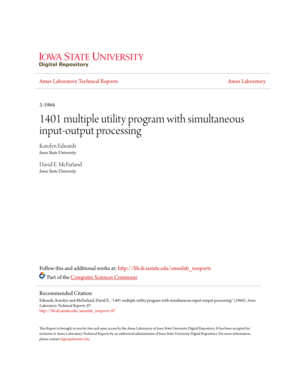 1401 Multiple Utility Program with Simultaneous Input-Output Processing Karolyn Edwards Iowa State University