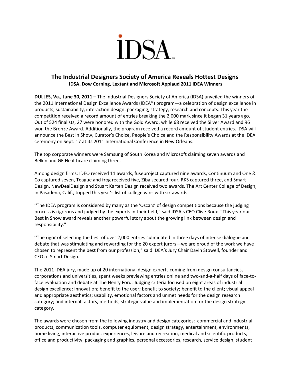 IDSA, Dow Corning, Lextant and Microsoft Applaud 2011 IDEA Winners