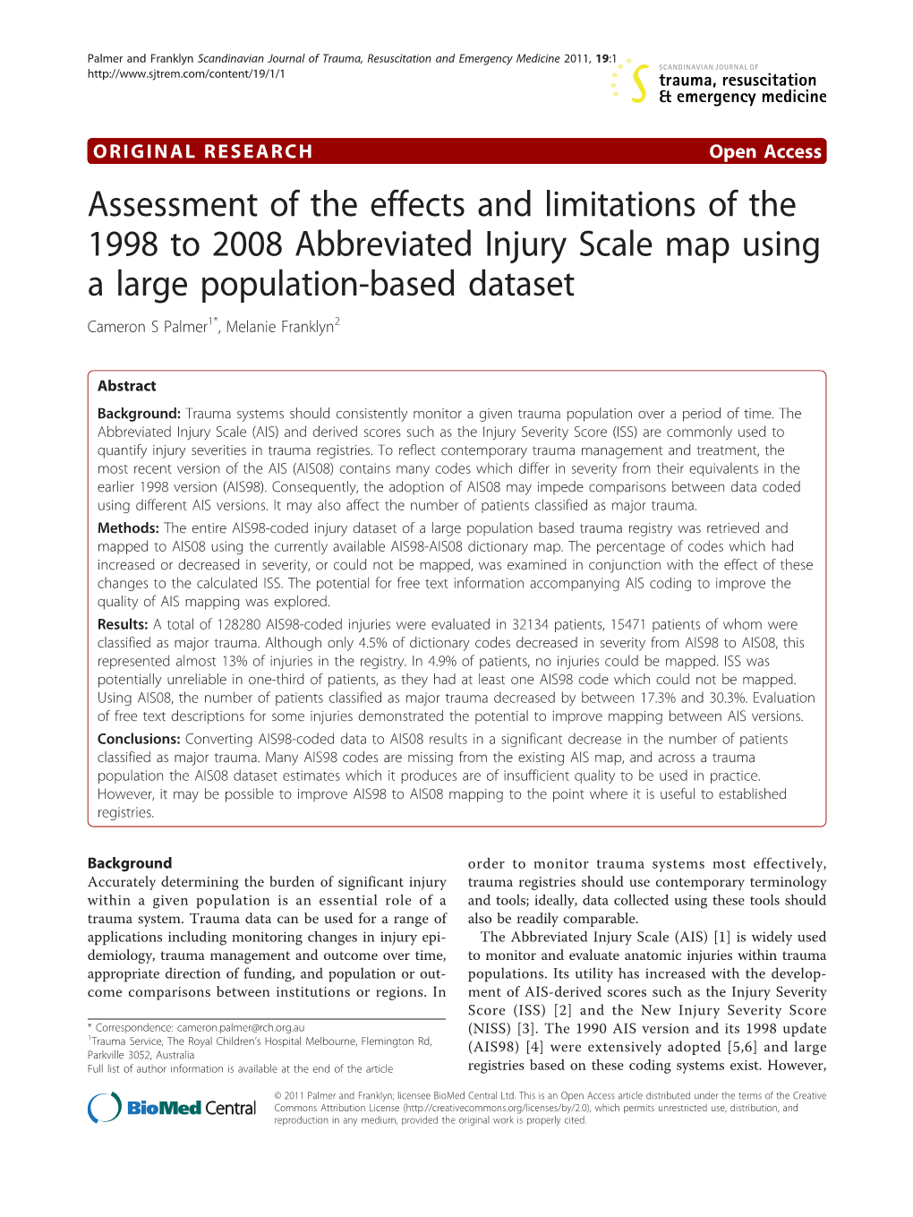 Assessment of the Effects and Limitations of the 1998 to 2008 Abbreviated Injury Scale Map Using a Large Population-Based Datase