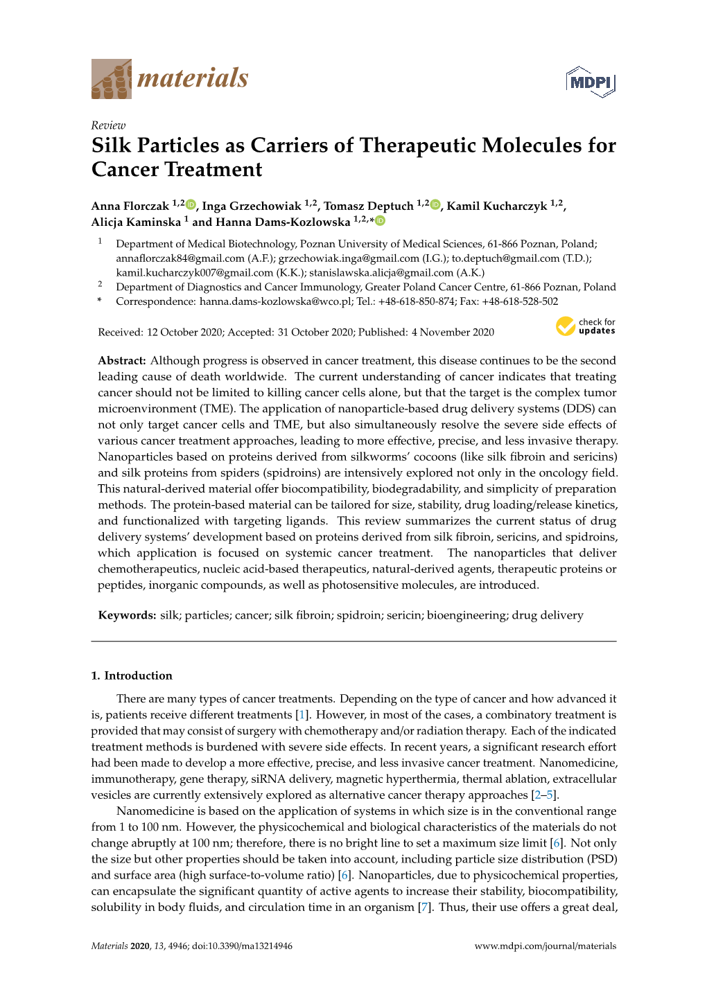 Silk Particles As Carriers of Therapeutic Molecules for Cancer Treatment