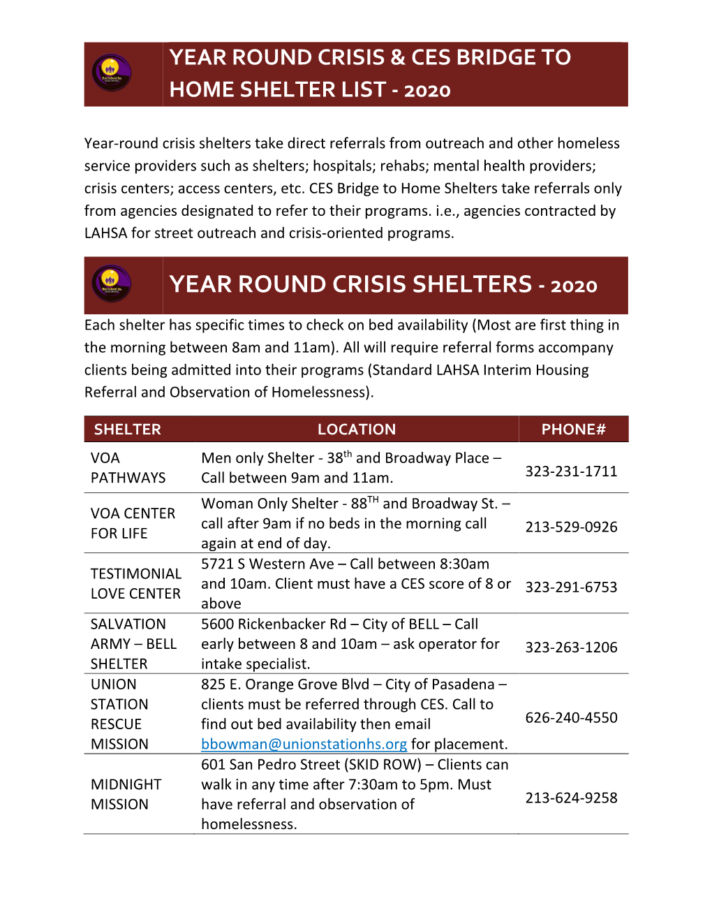 Year Round Crisis & Ces Bridge to Home Shelter List