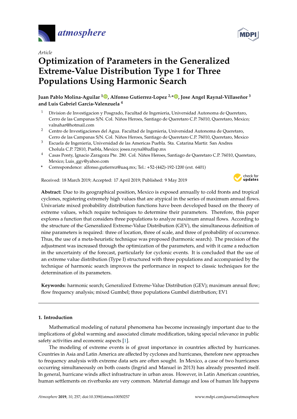 Optimization of Parameters in the Generalized Extreme-Value Distribution Type 1 for Three Populations Using Harmonic Search