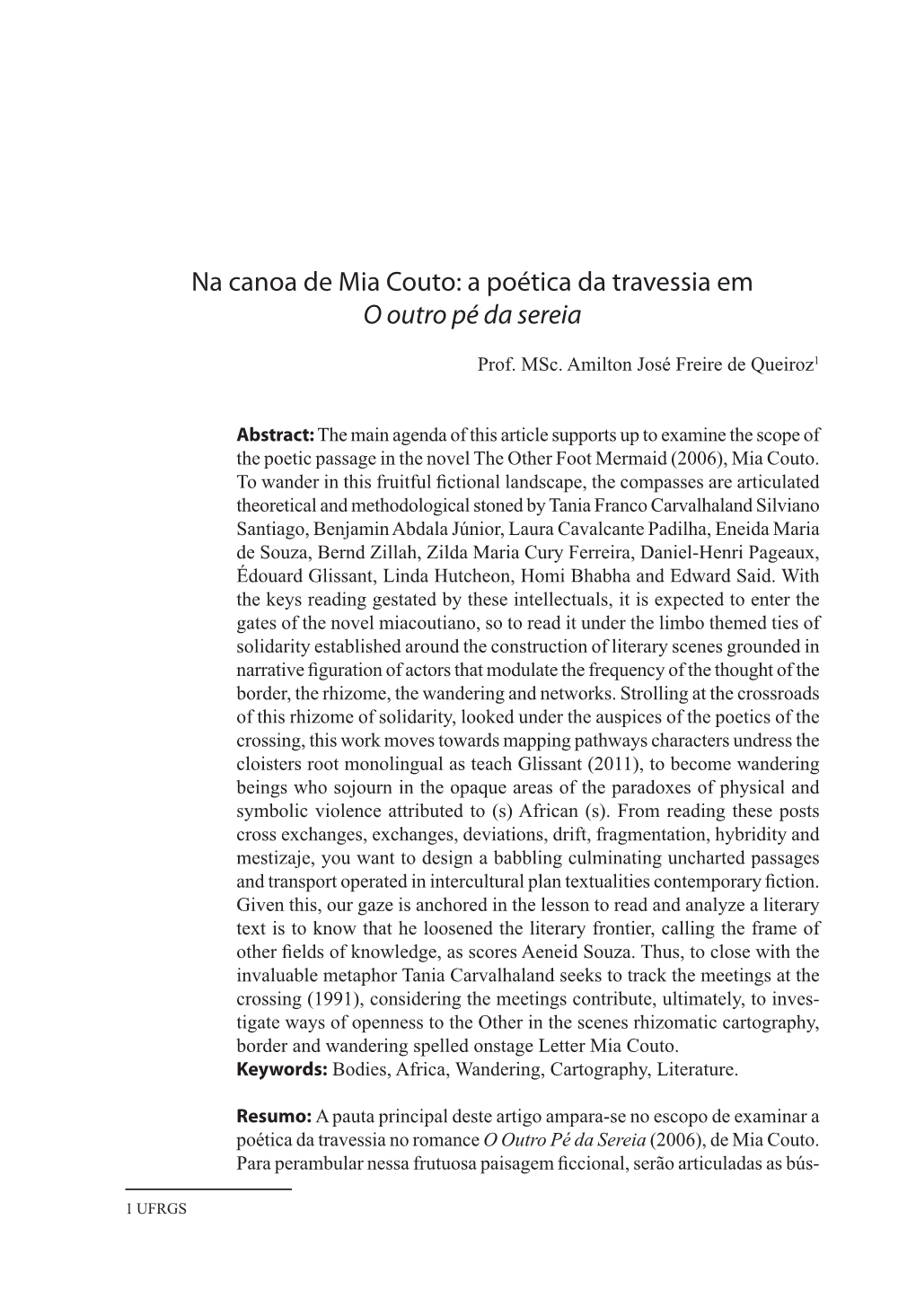 Na Canoa De Mia Couto: a Poética Da Travessia Em O Outro Pé Da Sereia